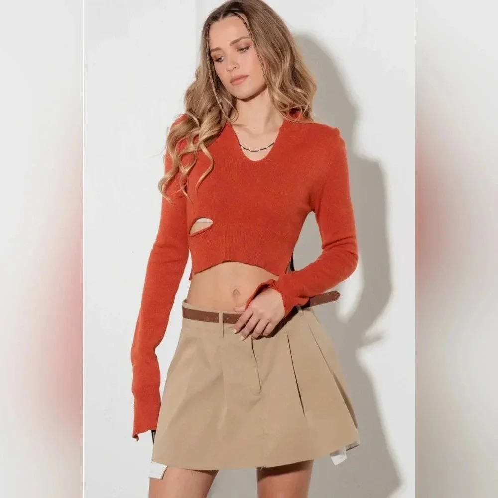 Cut Out Collared Crop Soft Long Sleeve Sweater Top #415-416